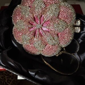 Sparkling Pink & Gold Floral Crystal Clutch